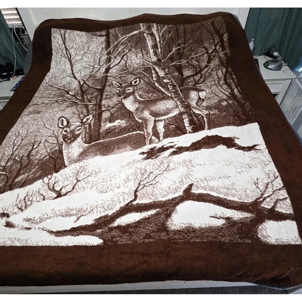 Vintage San Marcos Blanket Deer Fawn Wildlife Animal Reversible Mexican Cobija